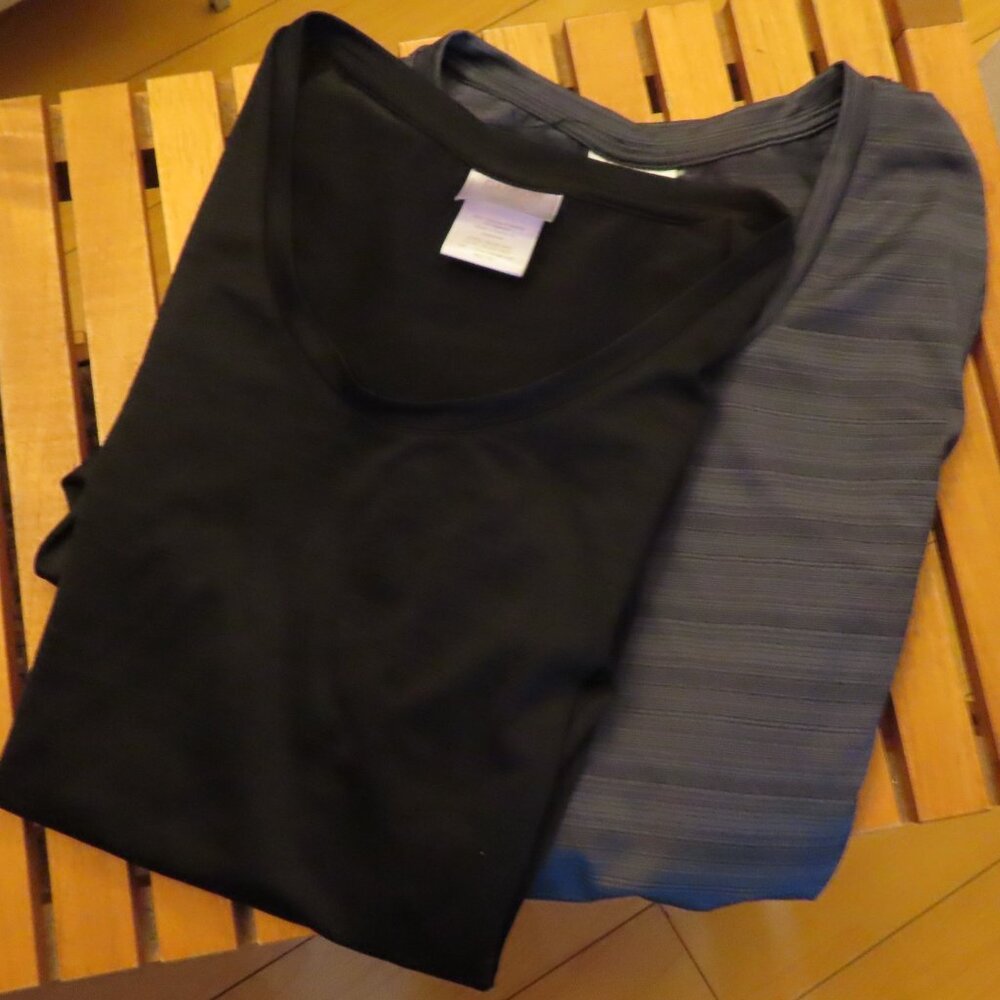 TWO Danskin LS workout tops, gray (S) and black (M)